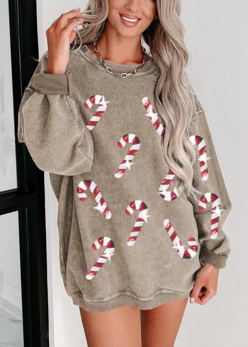 New Khaki Sequins Loose Cotton Sweatshirt Long Sleeve