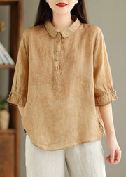 New Khaki Solid Button Print Linen Shirt Summer