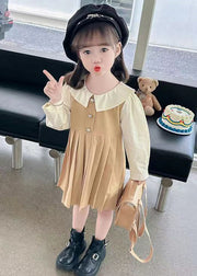 New Khaki Wrinkled False Two Pieces Cotton Girls Long Dress Fall