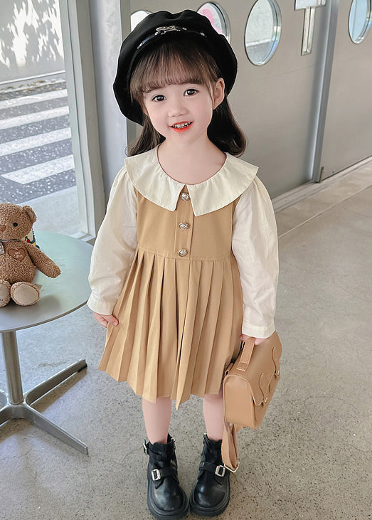 New Khaki Wrinkled False Two Pieces Cotton Girls Long Dress Fall