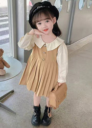 New Khaki Wrinkled False Two Pieces Cotton Girls Long Dress Fall