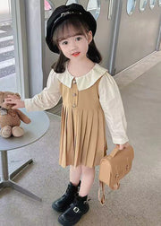 New Khaki Wrinkled False Two Pieces Cotton Girls Long Dress Fall