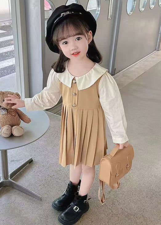 New Khaki Wrinkled False Two Pieces Cotton Girls Long Dress Fall