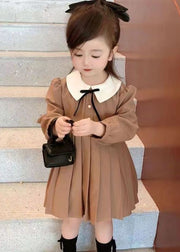 New Khaki Wrinkled Solid Cotton Girls Dresses Fall