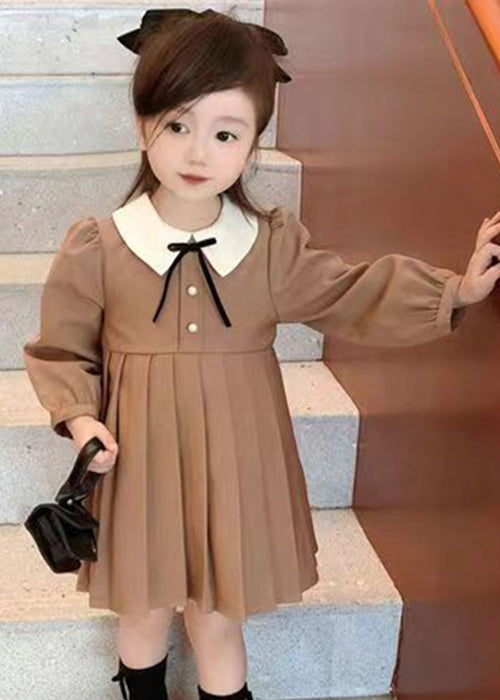 New Khaki Wrinkled Solid Cotton Girls Dresses Fall