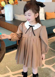 New Khaki Wrinkled Solid Cotton Girls Dresses Fall