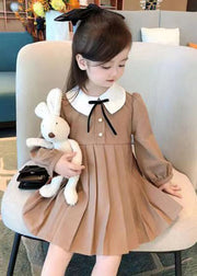 New Khaki Wrinkled Solid Cotton Girls Dresses Fall