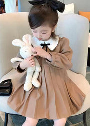 New Khaki Wrinkled Solid Cotton Girls Dresses Fall