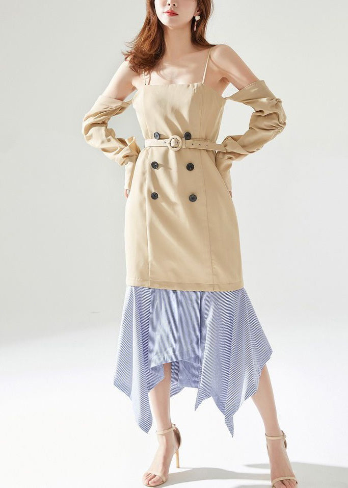 New Khaki Zippered Removable Sleeves Patchwork Cotton Dresses Long Sleeve