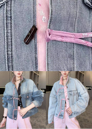 New Light Blue Button Patchwork Denim Coats Long Sleeve