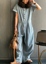 New Light Blue Peter Pan Collar Button Pockets Denim Jumpsuit Summer