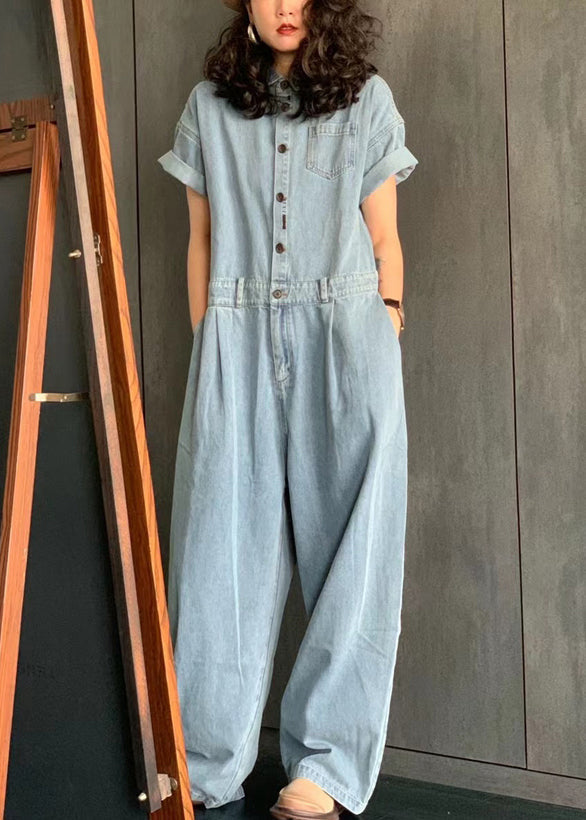 New Light Blue Peter Pan Collar Button Pockets Denim Jumpsuit Summer