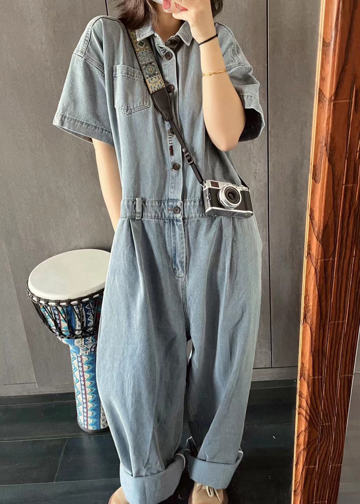 New Light Blue Peter Pan Collar Button Pockets Denim Jumpsuit Summer