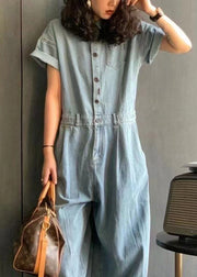 New Light Blue Peter Pan Collar Button Pockets Denim Jumpsuit Summer