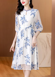 New Light Blue Ruffled Print Drawstring Chiffon Dresses Summer