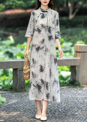 New Light Grey Stand Collar Button Print Linen Dresses Half Sleeve