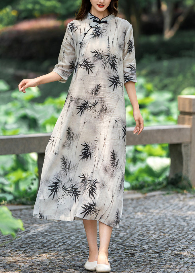 New Light Grey Stand Collar Button Print Linen Dresses Half Sleeve