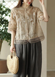 New Light Khaki Embroideried Button Patchwork Linen Shirts Half Sleeve