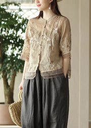 New Light Khaki Embroideried Button Patchwork Linen Shirts Half Sleeve