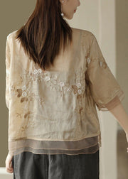 New Light Khaki Embroideried Button Patchwork Linen Shirts Half Sleeve