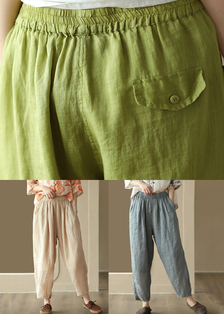 New Light Khaki Solid Pockets High Waist Linen Harem Pants Summer