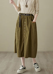 New Mustard Green Pockets Elastic Waist Corduroy Skirts Spring