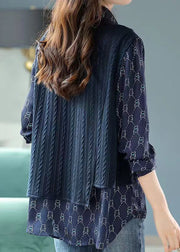 New Navy Asymmetrical Print False Two Pieces Cotton Blouses Spring