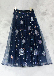 New Navy Embroidered Sequins High Waist Tulle Skirts Summer