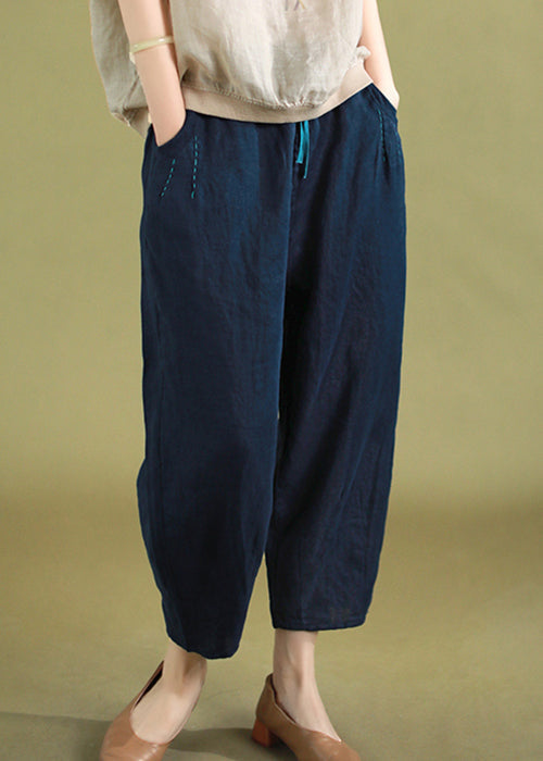 New Navy Lace Up Pockets Elastic Waist Linen Crop Pants