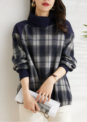 New Navy Plaid Turtleneck Patchwork Warm Fleece Tops Winter