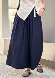 New Navy Pockets Elastic Waist Cotton Crop Pants Summer