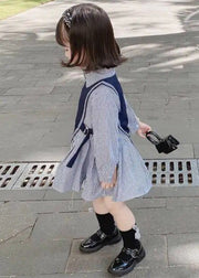 New Navy Waistcoat And Striped Dresses Cotton Girls Two Pieces Set Fall