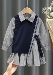 New Navy Waistcoat And Striped Dresses Cotton Girls Two Pieces Set Fall