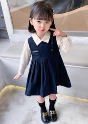 New Navy Wrinkled False Two Pieces Cotton Girls Dresses Fall