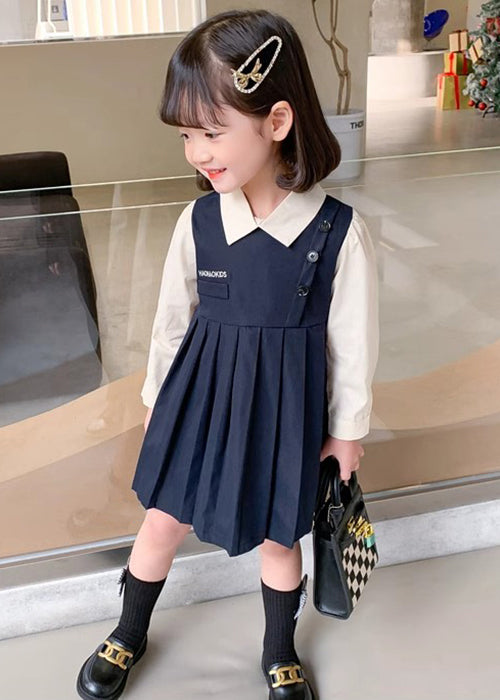 New Navy Wrinkled False Two Pieces Cotton Girls Dresses Fall