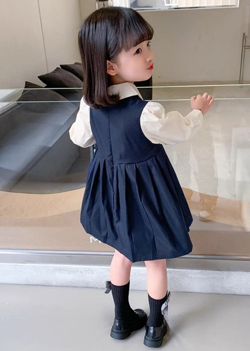 New Navy Wrinkled False Two Pieces Cotton Girls Dresses Fall