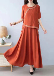 New Orange O Neck Pockets Linen Two-Piece Set Summer