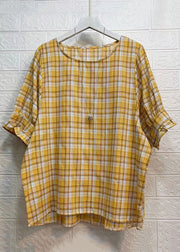 New Orange Plaid Ruffled Patchwork Cotton Shirt Tops Short Sleeve