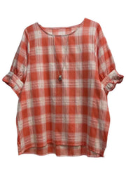 New Orange Plaid Ruffled Patchwork Cotton Shirt Tops Short Sleeve