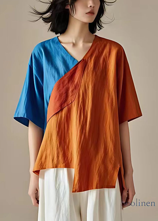 New Orange V Neck Asymmetrical Linen T Shirts Summer