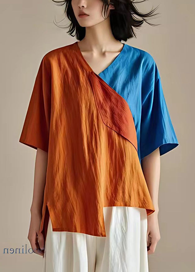 New Orange V Neck Asymmetrical Linen T Shirts Summer