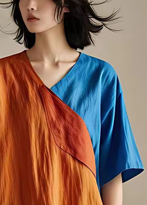 New Orange V Neck Asymmetrical Linen T Shirts Summer