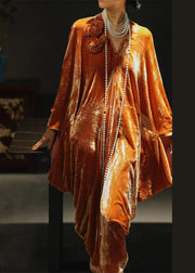 New Orange V Neck Solid Silk Velvet Dress Spring