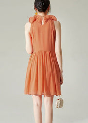 New Orange Wrinkled Solid Chiffon Mid Dress Sleeveless