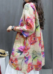 New Photo Color V Neck Print Linen Blouse Half Sleeve