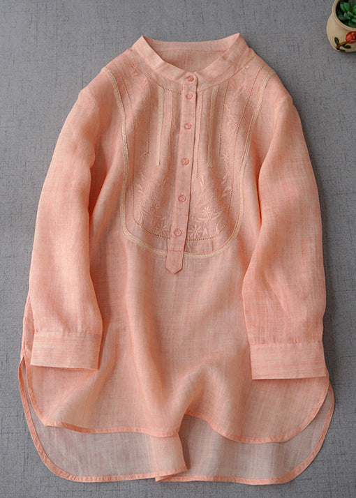 New Pink Embroidered Button Linen Shirts Long Sleeve