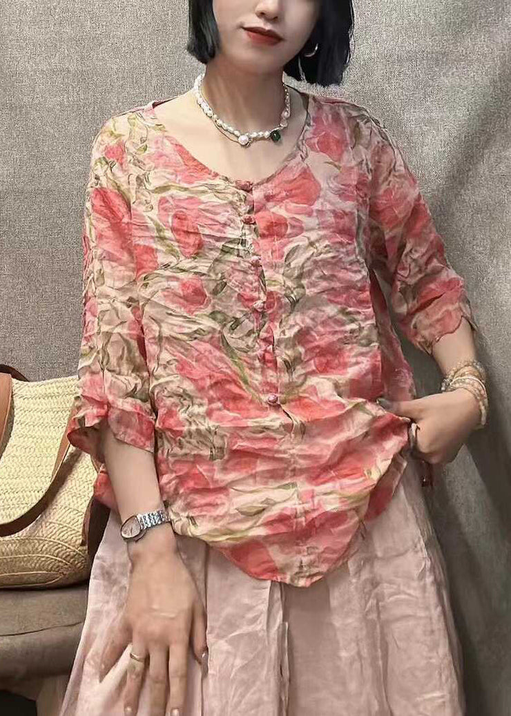 New Pink O Neck Button Print Linen Shirt Bracelet Sleeve