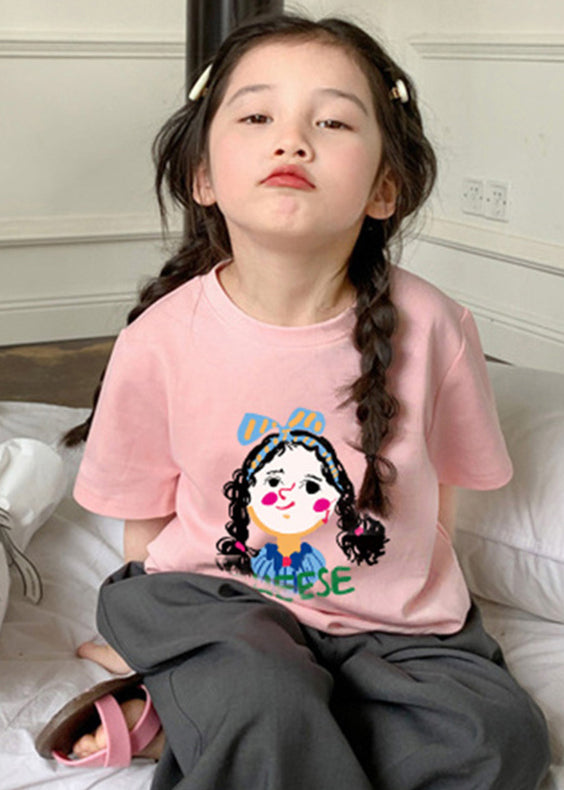 New Pink O Neck Print Cotton Kids Girls T Shirt Summer