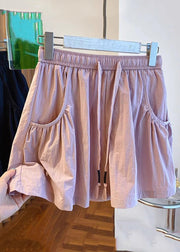 New Pink Pockets Elastic Waist Cotton Shorts Summer