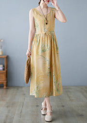 New Yellow Print Lace Up Pockets Cotton Dress Sleeveless